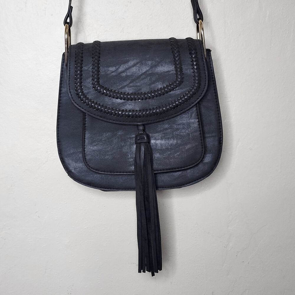 Black Faux Leather Tasseled Saddle Crossbody Purse Franco Sarto